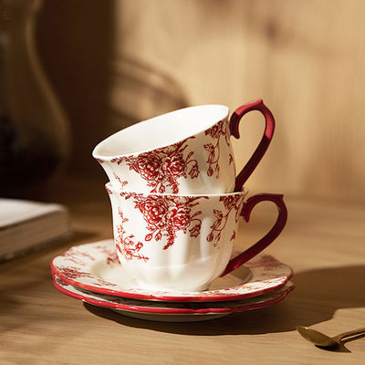 Red Floral Coffee Cup and Saucer - HGHOM