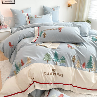 BLUE CHRISTMAS THICKENED BRUSHED COTTON BEDDING SET - HGHOM