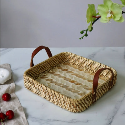 Creative Handmade White Rattan Woven Bread Basket Snack Tray - HGHOM