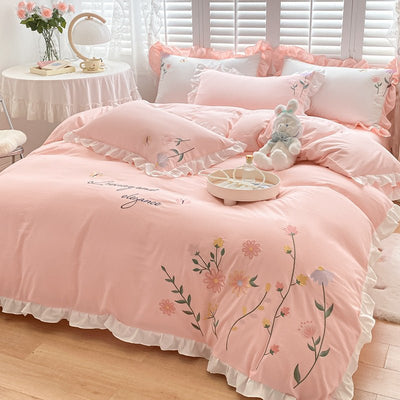 Embroidered Washed Cotton Bedding Four-Piece Set - HGHOM