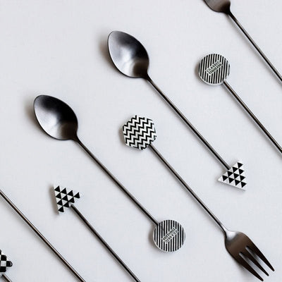 Geometric Stainless Steel Black Coffee Spoon and Fork - HGHOM
