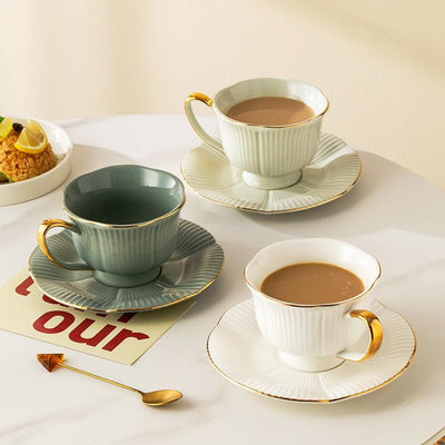 Gold-painted Handmade Coffee Cups and Saucers - HGHOM