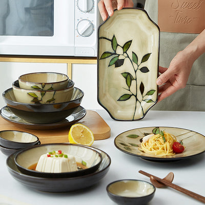 Green Leaf Ceramic Tableware Set - HGHOM