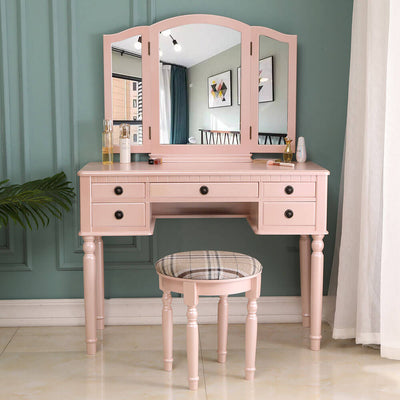 High-grade Solid Wood Phosphor Dresser with Three Mirrors and Stools - HGHOM