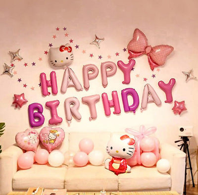 Kitty themed birthday party scene decorated balloon set - HGHOM