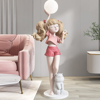 Ponytail Girl and Cat Floor Lamp Ornament - HGHOM