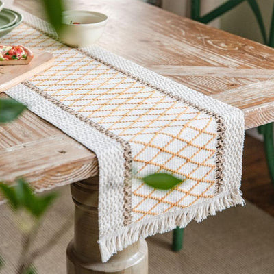 Vintage Woven Grid Tassel Table Runner - HGHOM
